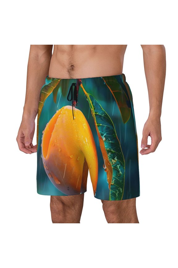Mango In The Rain Print Men's Swim Trunk,Quick Dry Board Shorts ,Men's Swim Trunks with Compression Liner, Bathing Suits with Pockets-Medium
