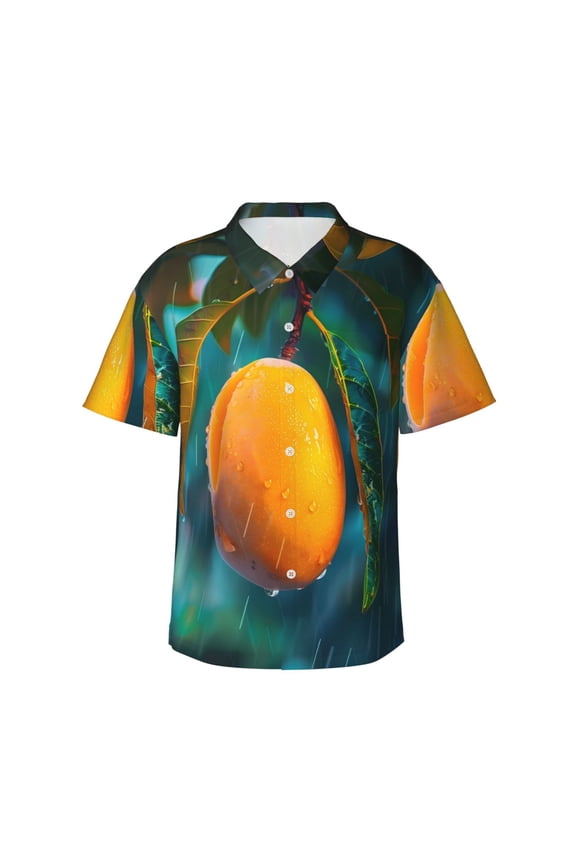 Mango In The Rain Print Mens Hawaiian Shirts,Loose-Fit Short Sleeve Button Down Tropical Aloha Beach Shirt,Summer Vacation Wedding Tops,Large