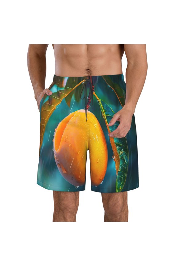 Mango In The Rain Print Mens Swim Trunks Quick Dry Board Shorts,Breathable Hawaii Beach Shorts Swimwear Bathing Suits-Medium