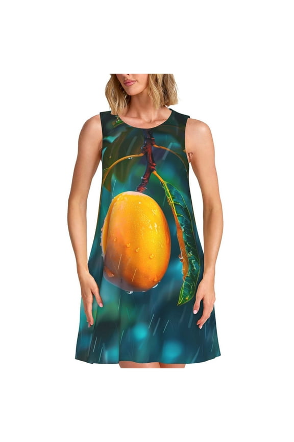 Mango In The Rain Print Summer Dresses for Women,Beach Sleeveless Flowy Pocket Tshirt Tank Sundresses,Women's Sleeveless Dress