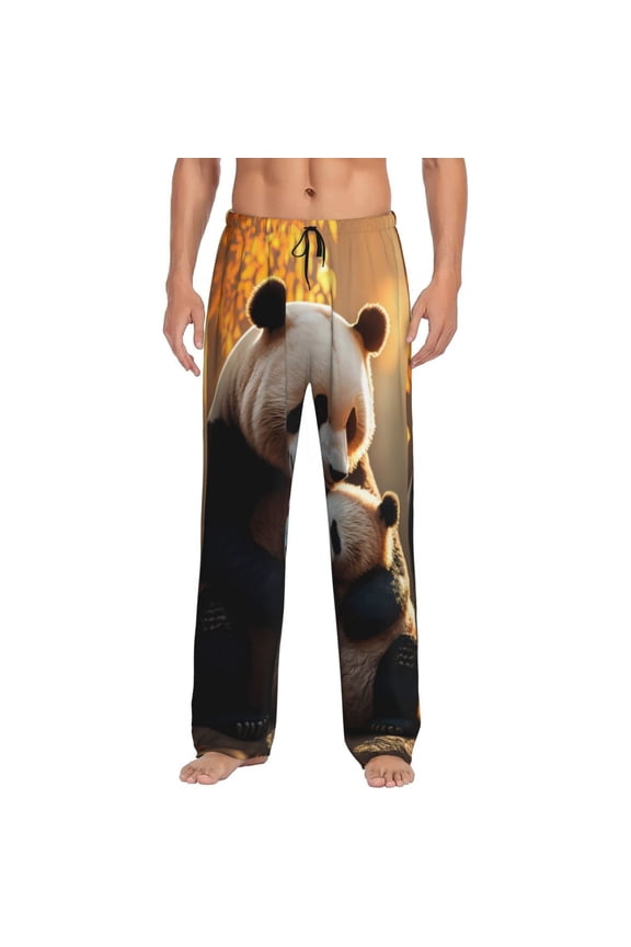 Maple Forest Panda Print Pajama Pants for Men,Men’s Pajama Bottoms,Mens PJ Pants with Pockets & Button Fly-Large