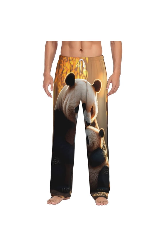 Maple Forest Panda Print Pajama Pants for Men,Men’s Pajama Bottoms,Mens PJ Pants with Pockets & Button Fly-Large