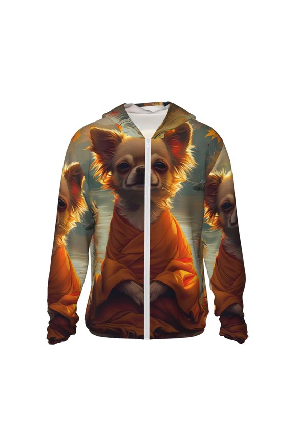 Maple Leaf Meditating Chihuahua Print Men's Women Light Jacket Full Zip Sun Protection Hoodie Long Sleeve Sun Shirts for Men Hiking Fishing Zip Pockets-XX-Large