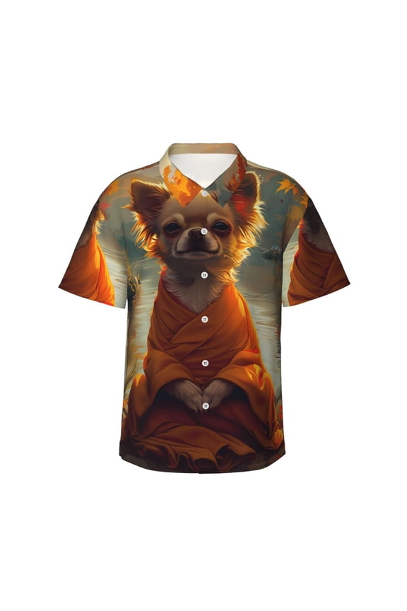 Maple Leaf Meditating Chihuahua Print Mens Hawaiian Shirts,Loose-Fit Short Sleeve Button Down Tropical Aloha Beach Shirt,Summer Vacation Wedding Tops,Small
