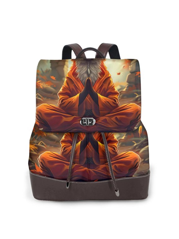 Logiee Maple Leaf Meditating Fox Print Backpack Purse for Women,Fashion Leather Backpack Purse,Women's Leather Backpack for Work College Travel
