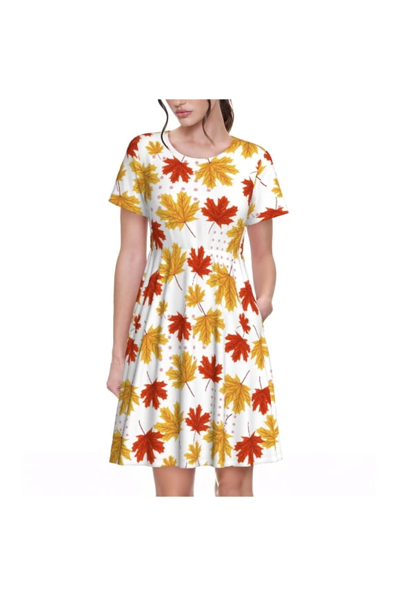 Maple Leaf Print Womens Summer Dress,Casual Short Sleeve Sundresses,Beach A-line Shift Dress with Pockets