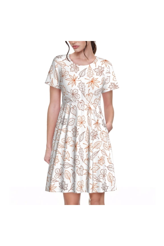 Maple Leaves Print Womens Summer Dress,Casual Short Sleeve Sundresses,Beach A-line Shift Dress with Pockets