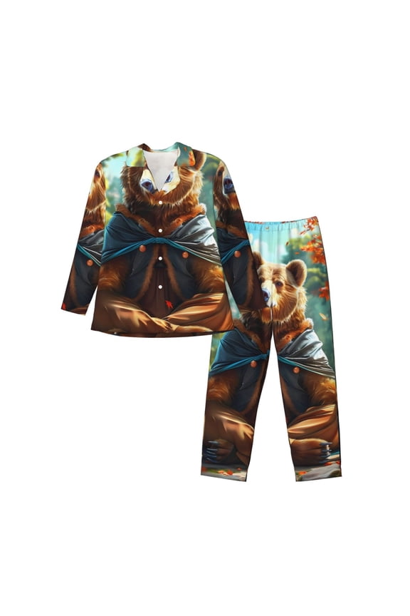Maple Meditating Bear Print Mens Long Sleeve Pajama Set,Notched Collar Pajamas for Men, Men's Sleepwear,Mens Sleepwear with Pockets & Button Down-Large