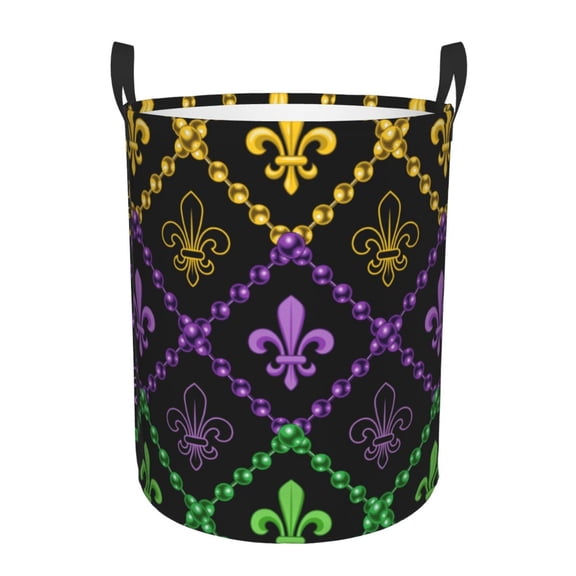 Logiee Mardi Gra Geometric Print Laundry Hamper,Dirty Clothes Hamper Storage Basket for Bathroom Bedrooms College Dorm, Circular Hamper with Handles,Collapsible Laundry Baskets-Small