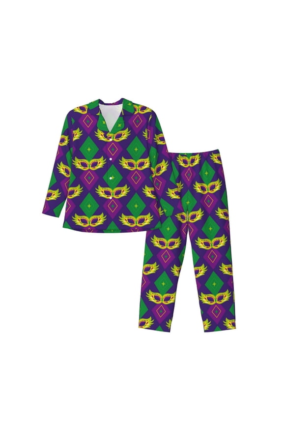 Mardi Gras Carnival3 Print Mens Long Sleeve Pajama Set,Notched Collar Pajamas for Men, Men's Sleepwear,Mens Sleepwear with Pockets & Button Down-Large