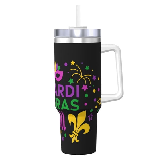 Logiee Mardi Gras with Flamingo Print 40OZ Ice Bully Cup with Handle and Straw, Double Wall Stainless Steel Tumbler,Travel Coffee Cup with Lid, Summer Insulation and Cooling Cup