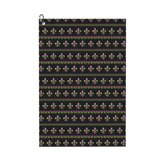 Logiee Mardi Gras Fleur de Lis Print Golf Towels,16" x 24" Portable Golf Towel for Golf Bag with Carabiner Clip to Quickly Remove Sand,Mud and Sweat
