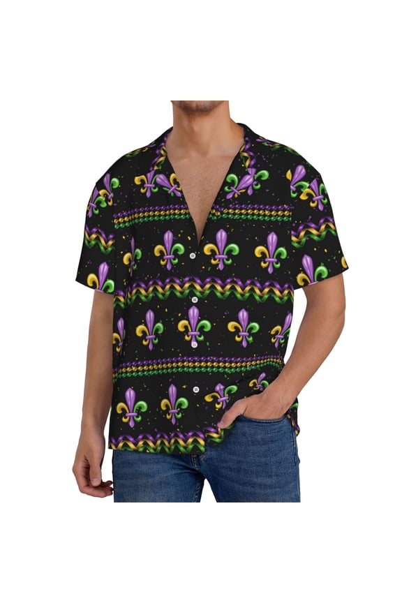 Mardi Gras Fleur de Lis Print Men's Button Down Shirts Short Sleeve, Summer Beach Shirts,Vacation Wedding Shirts,Men's Casual Button-Down Shirts with Pocket-Large
