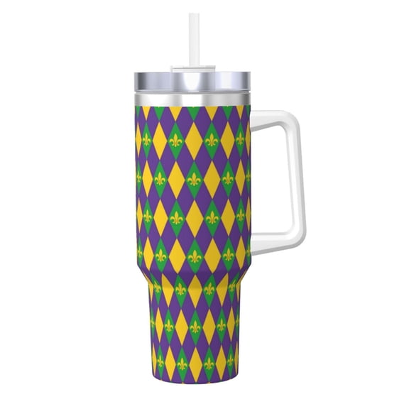 Logiee Mardi Gras Print 40OZ Ice Bully Cup with Handle and Straw, Double Wall Stainless Steel Tumbler,Travel Coffee Cup with Lid, Summer Insulation and Cooling Cup