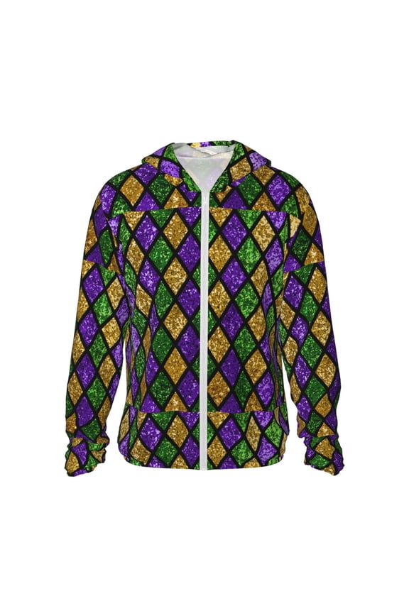 Mardi Gras Shiny Green Purple Print Men's Women Light Jacket Full Zip Sun Protection Hoodie Long Sleeve Sun Shirts for Men Hiking Fishing Zip Pockets-Medium
