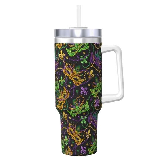Logiee Mardi Gras Surface Print 40OZ Ice Bully Cup with Handle and Straw, Double Wall Stainless Steel Tumbler,Travel Coffee Cup with Lid, Summer Insulation and Cooling Cup