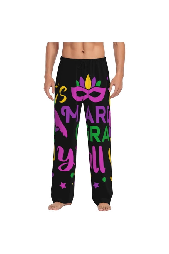 Mardi Gras with Flamingo Print Pajama Pants for Men,Men’s Pajama Bottoms,Mens PJ Pants with Pockets & Button Fly-3X-Large