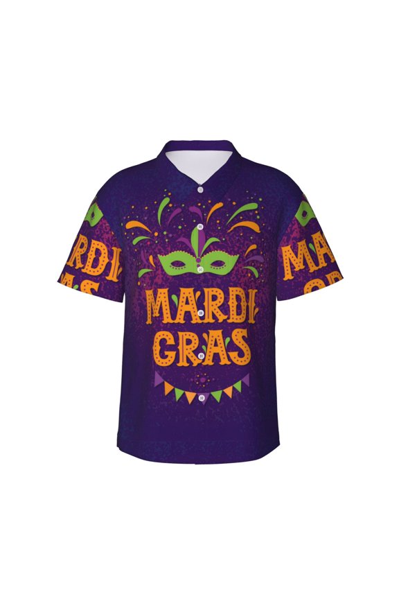 Mardi Gras2 Print Mens Hawaiian Shirts,Loose-Fit Short Sleeve Button Down Tropical Aloha Beach Shirt,Summer Vacation Wedding Tops,XX-Large