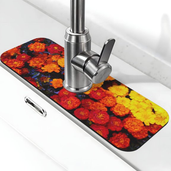 Logiee Marigold Flowers In Different Colors Print Kitchen Sink Splash Guard Faucet Mat for Splash Guard Behind Faucet Drip Catcher for Kitchen,Bathroom,Sink Mat,Dish Drying Mat,Bathroom-15" X 5.5"
