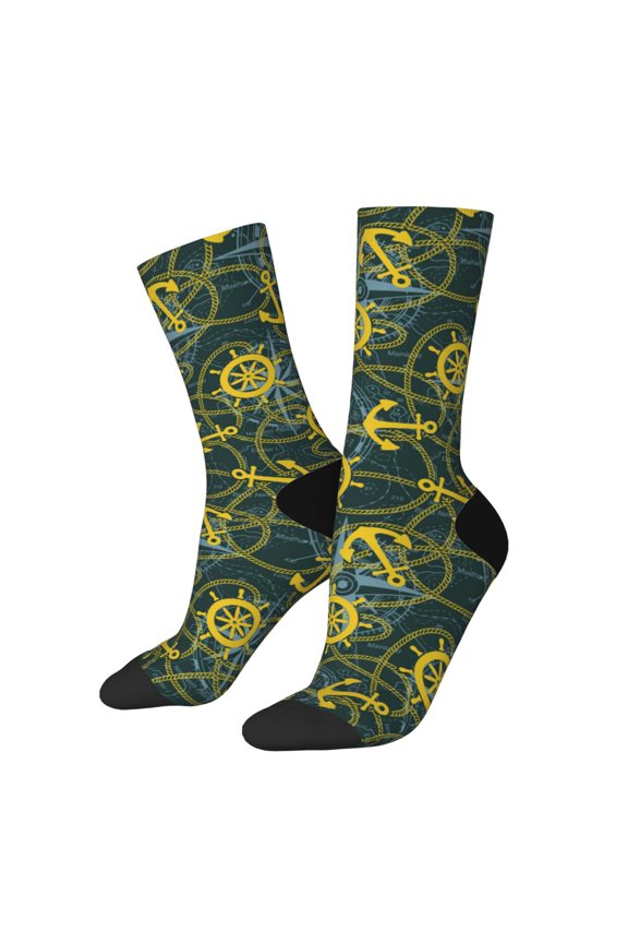 Marine Anchors And Compass Print Adult Socks for Men & Women,Calf Socks, Ankle Socks,Boots Socks,Breathable Casual Sock,Unisex Crew Socks