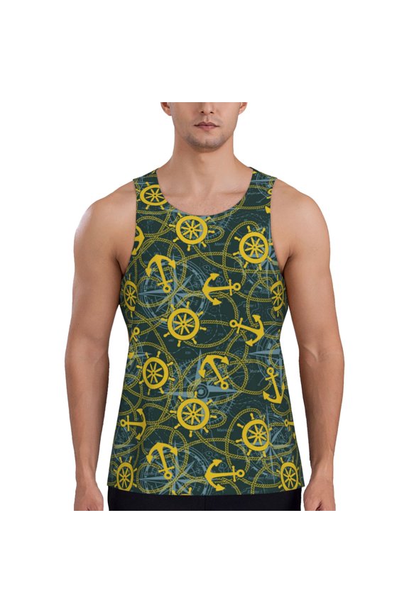 Marine Anchors And Compass Print Men's Workout Tank Top,Quick Dry Workout Tank Top,Gym Muscle Tee,Fitness Bodybuilding Sleeveless T Shirt-4X-Large