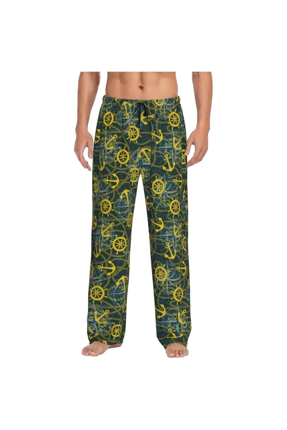 Marine Anchors And Compass Print Pajama Pants for Men,Men’s Pajama Bottoms,Mens PJ Pants with Pockets & Button Fly-3X-Large