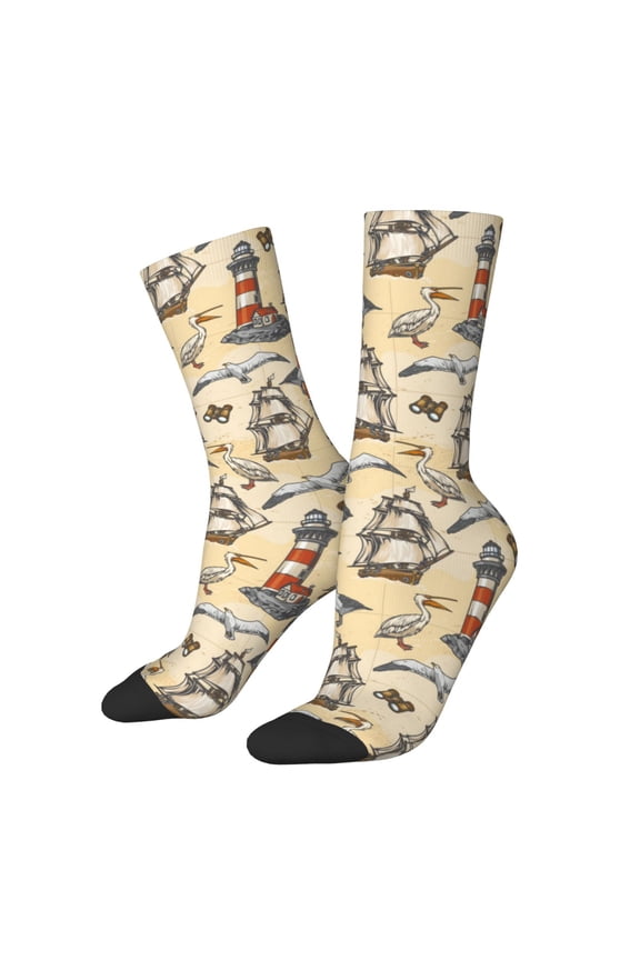 Marine Birds And Coastal Lighthouse Print Adult Socks for Men & Women,Calf Socks, Ankle Socks,Boots Socks,Breathable Casual Sock,Unisex Crew Socks