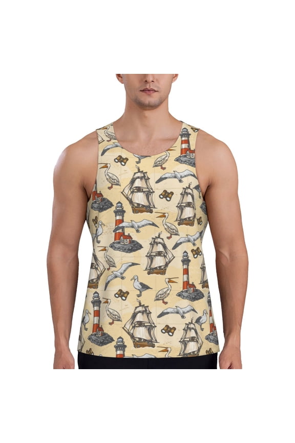 Marine Birds And Coastal Lighthouse Print Men's Workout Tank Top,Quick Dry Workout Tank Top,Gym Muscle Tee,Fitness Bodybuilding Sleeveless T Shirt-Large