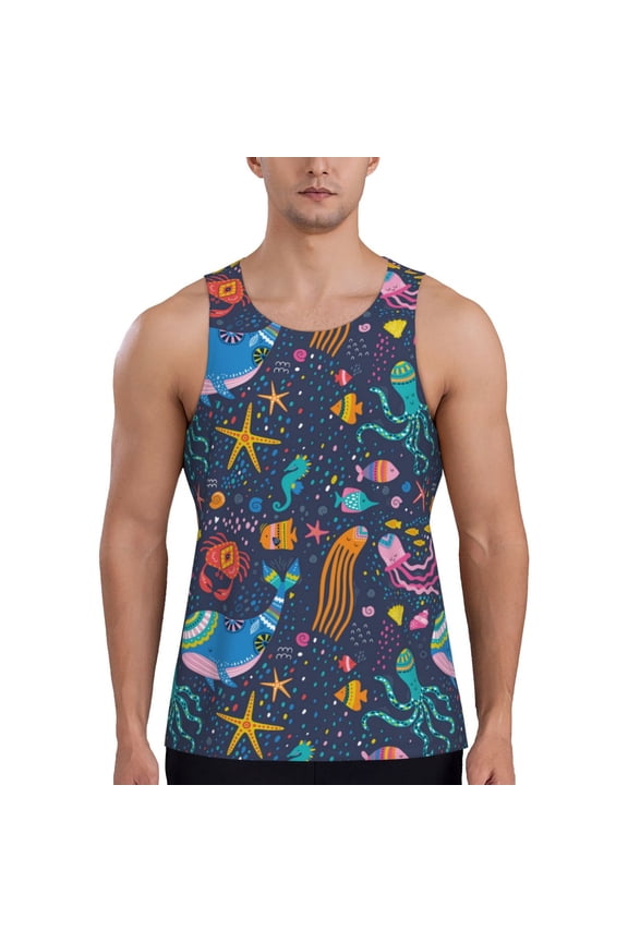 Marine Inhabitants Print Men's Workout Tank Top,Quick Dry Workout Tank Top,Gym Muscle Tee,Fitness Bodybuilding Sleeveless T Shirt-Medium