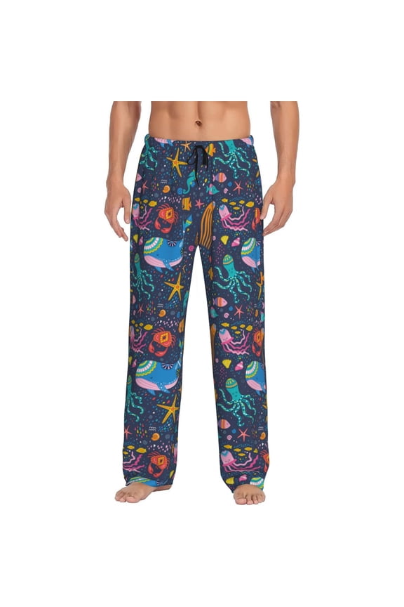Marine Inhabitants Print Pajama Pants for Men,Men’s Pajama Bottoms,Mens PJ Pants with Pockets & Button Fly-3X-Large