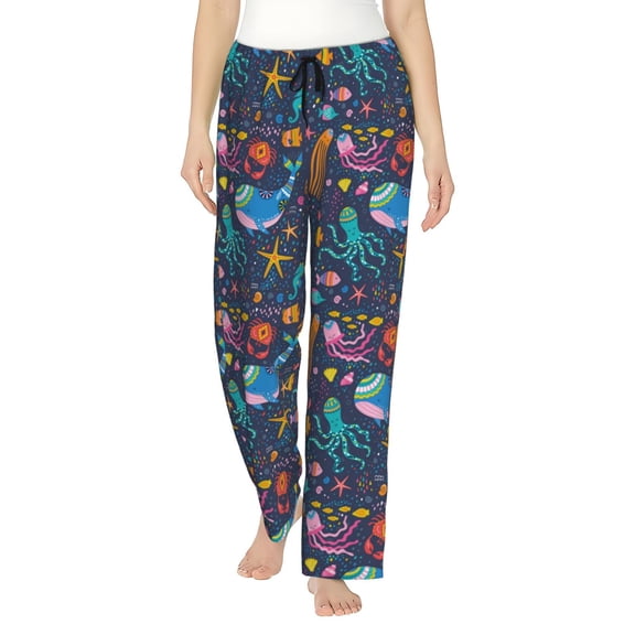 Logiee Marine Inhabitants Print Women Pajama Pants,Comfy Pj Bottom with Pockets & Drawstring,Stretch Casual Sleepwear-Medium
