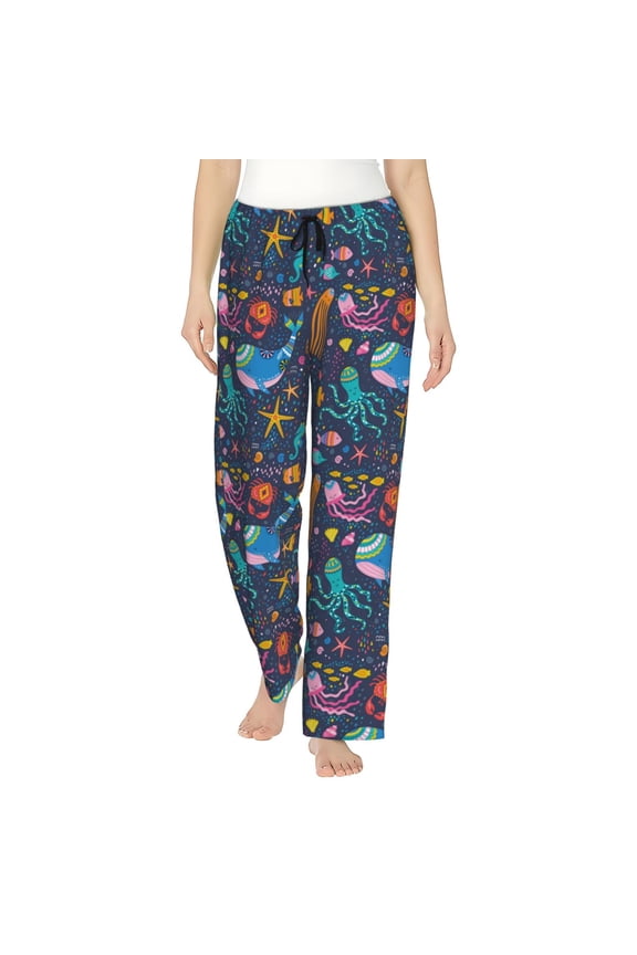 Marine Inhabitants Print Women Pajama Pants,Comfy Pj Bottom with Pockets & Drawstring,Stretch Casual Sleepwear-Small