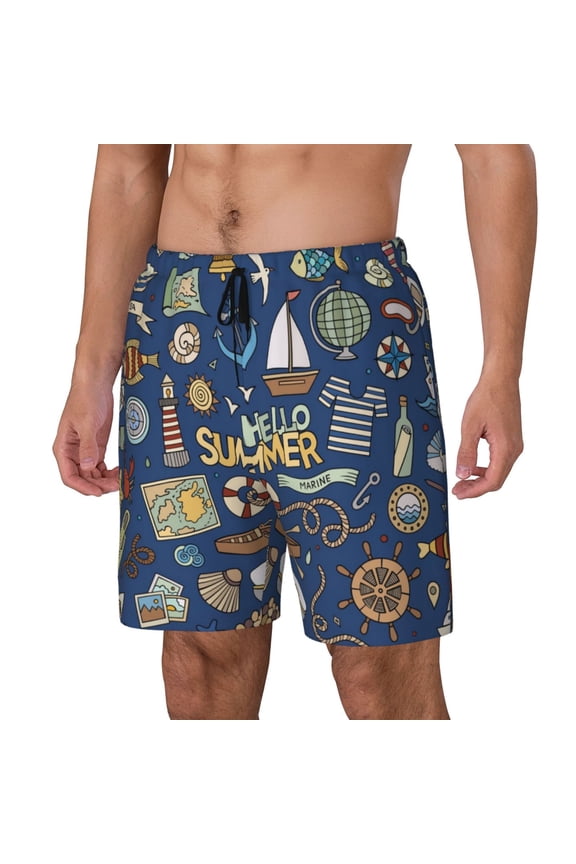 Marine Nautical Print Men's Swim Trunk,Quick Dry Board Shorts ,Men's Swim Trunks with Compression Liner, Bathing Suits with Pockets-3X-Large