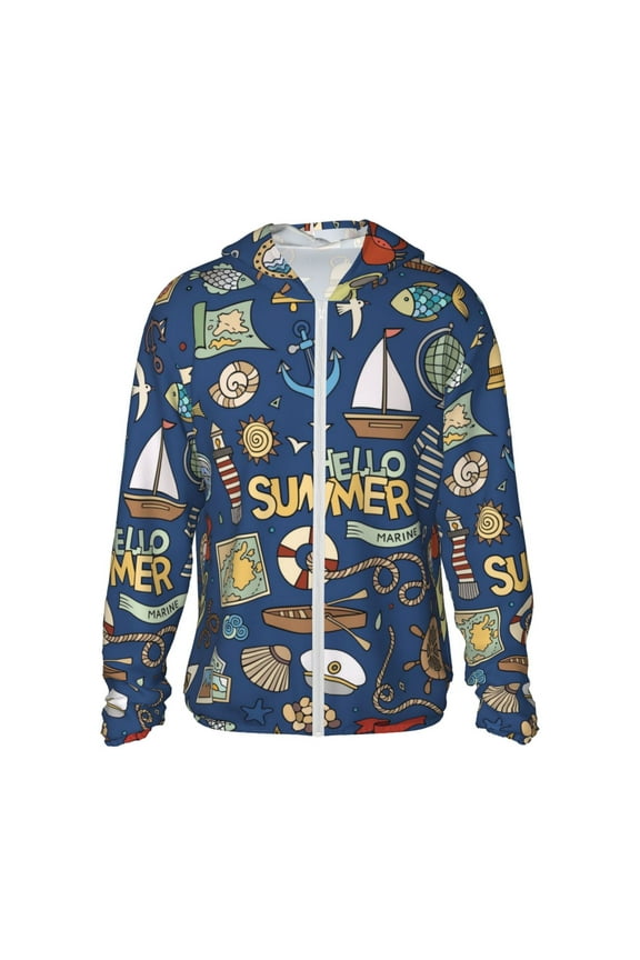 Marine Nautical Print Men's Women Light Jacket Full Zip Sun Protection Hoodie Long Sleeve Sun Shirts for Men Hiking Fishing Zip Pockets-Medium