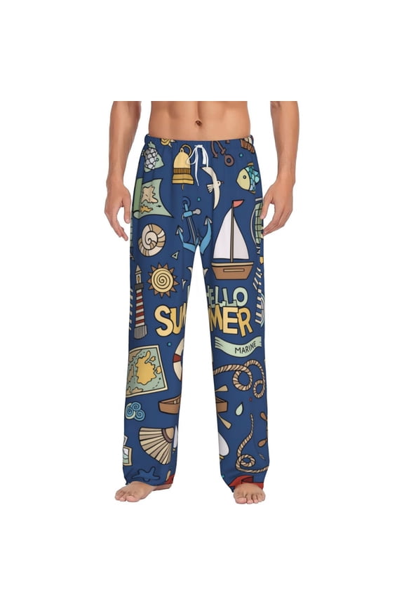 Marine Nautical Print Pajama Pants for Men,Men’s Pajama Bottoms,Mens PJ Pants with Pockets & Button Fly-3X-Large