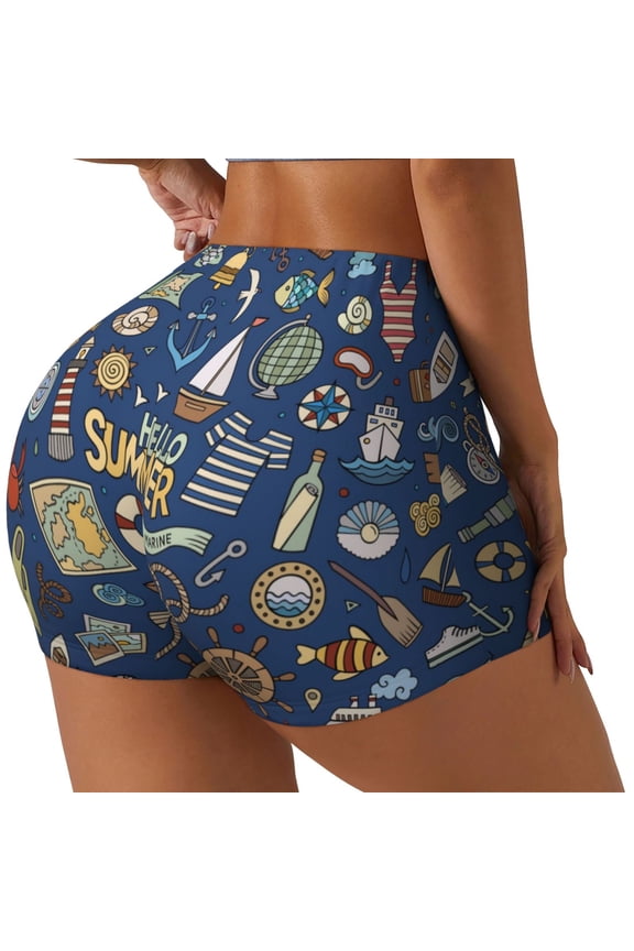 Marine Nautical Print Women's Biker Shorts,Workout Gym Shorts,Scrunch Shorts,Tummy Control Hidden Scrunch Running Yoga Shorts-Small