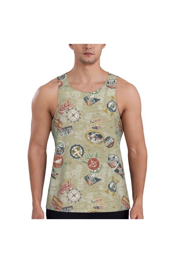 Marine Sailing Badges Print Men's Workout Tank Top,Quick Dry Workout Tank Top,Gym Muscle Tee,Fitness Bodybuilding Sleeveless T Shirt-Small