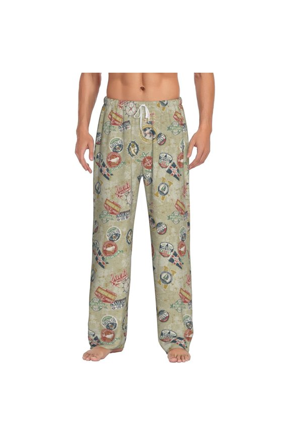Marine Sailing Badges Print Pajama Pants for Men,Men’s Pajama Bottoms,Mens PJ Pants with Pockets & Button Fly-3X-Large