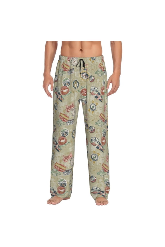 Marine Sailing Badges Print Pajama Pants for Men,Men’s Pajama Bottoms,Mens PJ Pants with Pockets & Button Fly-Small