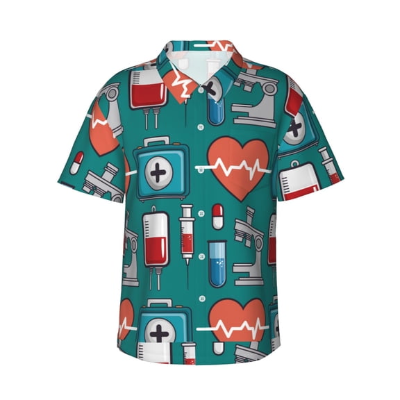 Logiee Medical Elements Print Mens Hawaiian Shirts,Loose-Fit Short Sleeve Button Down Tropical Aloha Beach Shirt,Summer Vacation Wedding Tops,Small