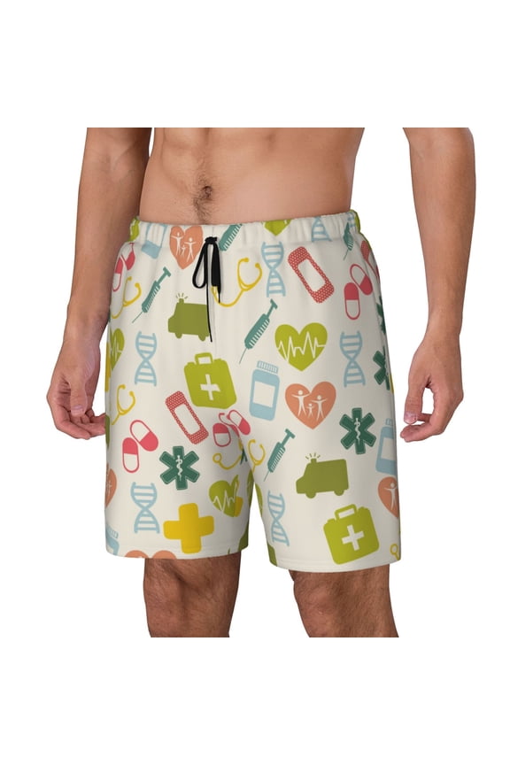 Medical Icons Print Men's Swim Trunk,Quick Dry Board Shorts ,Men's Swim Trunks with Compression Liner, Bathing Suits with Pockets-3X-Large