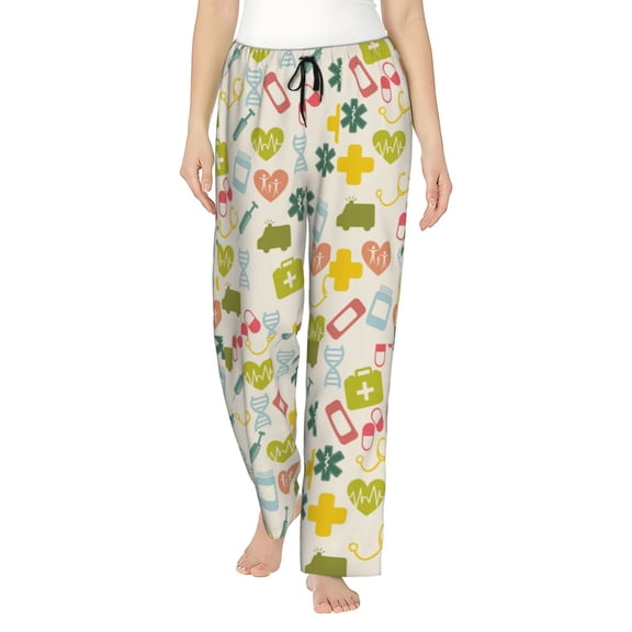Logiee Medical Icons Print Women Pajama Pants,Comfy Pj Bottom with Pockets & Drawstring,Stretch Casual Sleepwear-X-Large