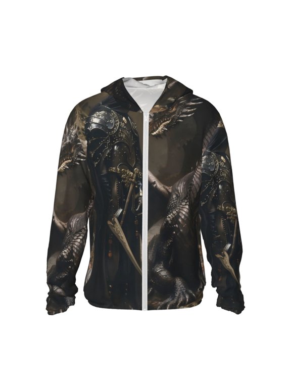 Medieval Knight And Dragon Print Men's Women Light Jacket Full Zip Sun Protection Hoodie Long Sleeve Sun Shirts for Men Hiking Fishing Zip Pockets-Small