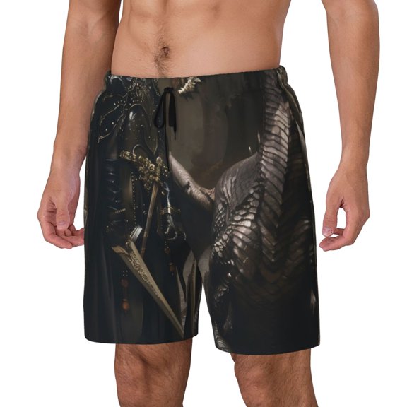 Logiee Medieval Knight And Dragon Print Men's Swim Trunk,Quick Dry Board Shorts ,Men's Swim Trunks with Compression Liner, Bathing Suits with Pockets-Medium
