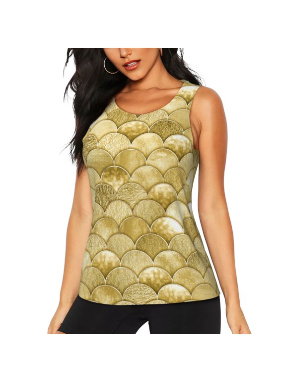 Mermaid Fish Scale Print Women's Workout Tank Top, Dry Fit Summer Tank Top,Gym Yoga Workout Sports Tee,Sleeveless Athletic Shirts-Medium