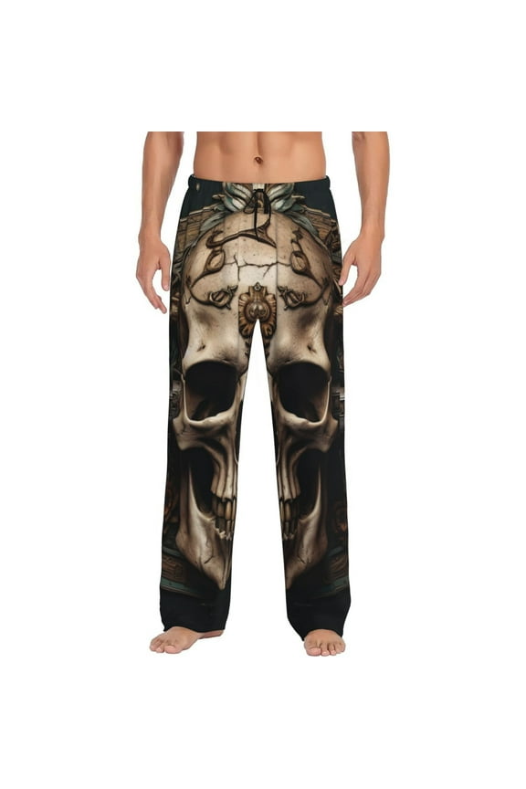 Metal Style Horned Skull Print Pajama Pants for Men,Men’s Pajama Bottoms,Mens PJ Pants with Pockets & Button Fly-Large