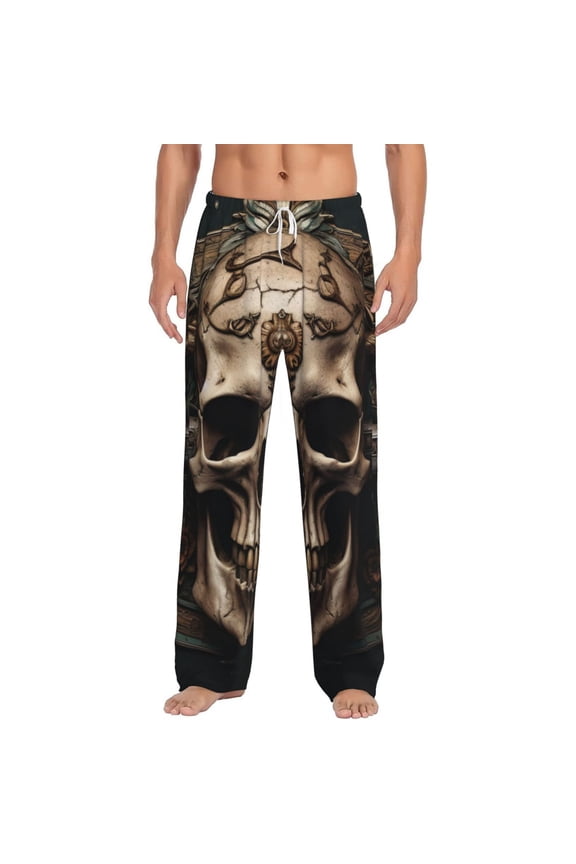 Metal Style Horned Skull Print Pajama Pants for Men,Men’s Pajama Bottoms,Mens PJ Pants with Pockets & Button Fly-X-Large