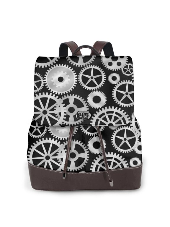 Metallic Gears Print Women's Leather Backpack,Travel Laptop Backpack,Fashion Ladies Leather Backpack Bag for Travel,Leather Drawstring Daypack for Me