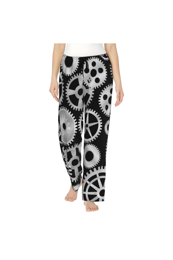 Metallic Gears Print Women Pajama Pants,Comfy Pj Bottom with Pockets & Drawstring,Stretch Casual Sleepwear-Small