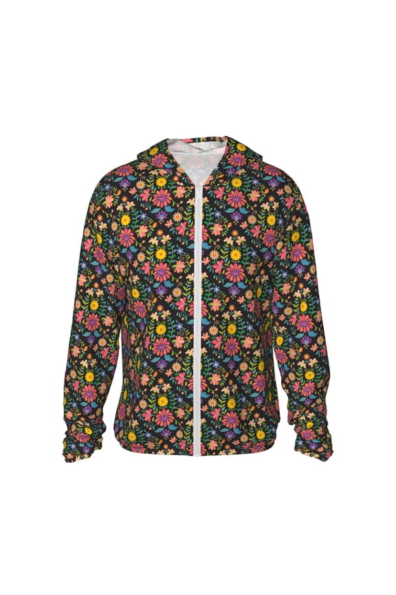 Mexican Folk Art Floral Print Men's Women Light Jacket Full Zip Sun Protection Hoodie Long Sleeve Sun Shirts for Men Hiking Fishing Zip Pockets-X-Large